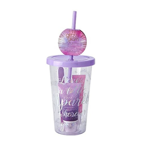 Style & Grace Glitz & Glam Travel Cup Gift Set Eco Packaging 30ml Hand Lotion + 8ml Lip Gloss - Vanilla + Nail File + Drinking Cup With Straw
